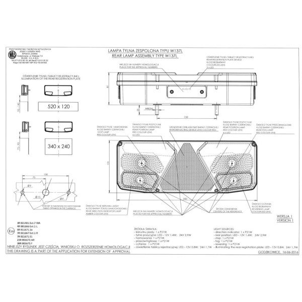 Lampa tylna lewa LED hybryda WAŚ 1029 W137L 12V-24V