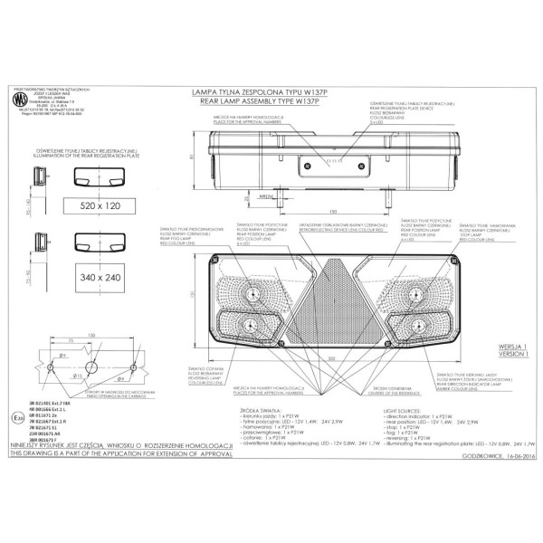 Lampa Tylna Prawa WAŚ W137P 1032 LED Hybryda 12V 24V